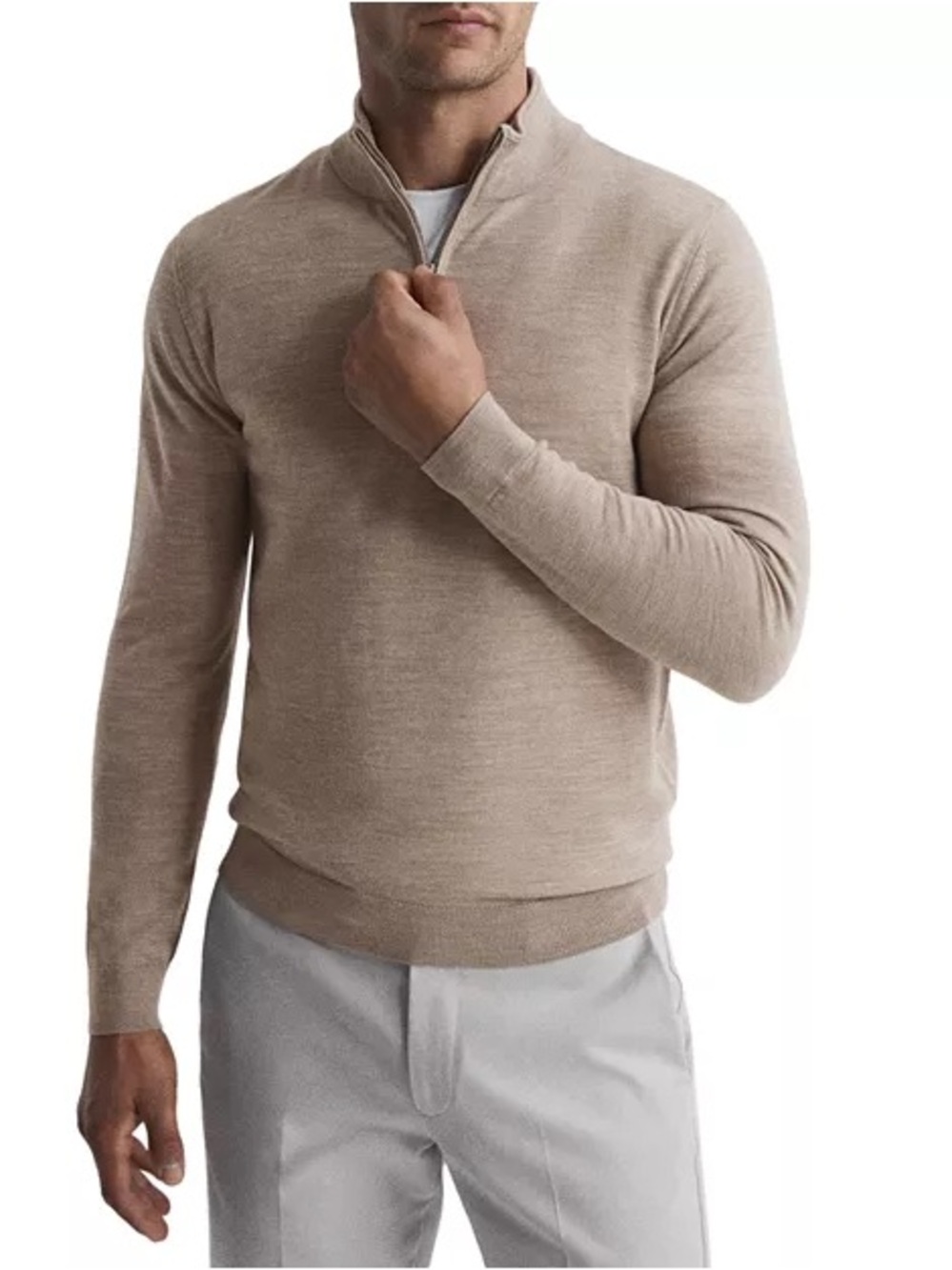 REISS Blackhall Men’s XL Merino Wool Half Zip Funnel Neck Sweater Beige